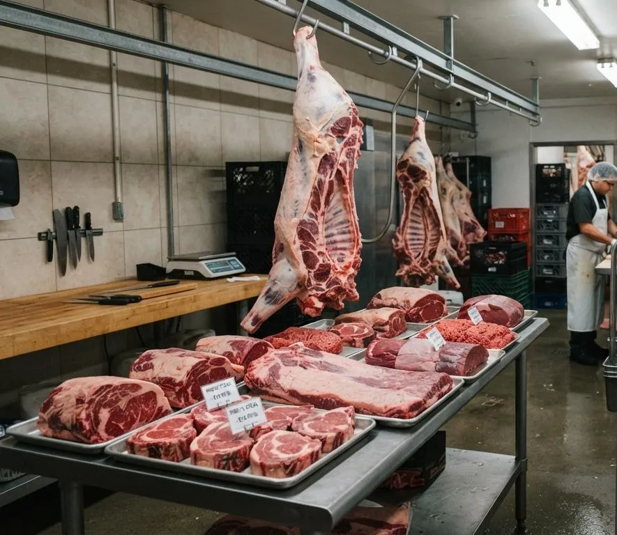 Hanging beef sides and trays of fresh beef steaks and cuts in a butchery