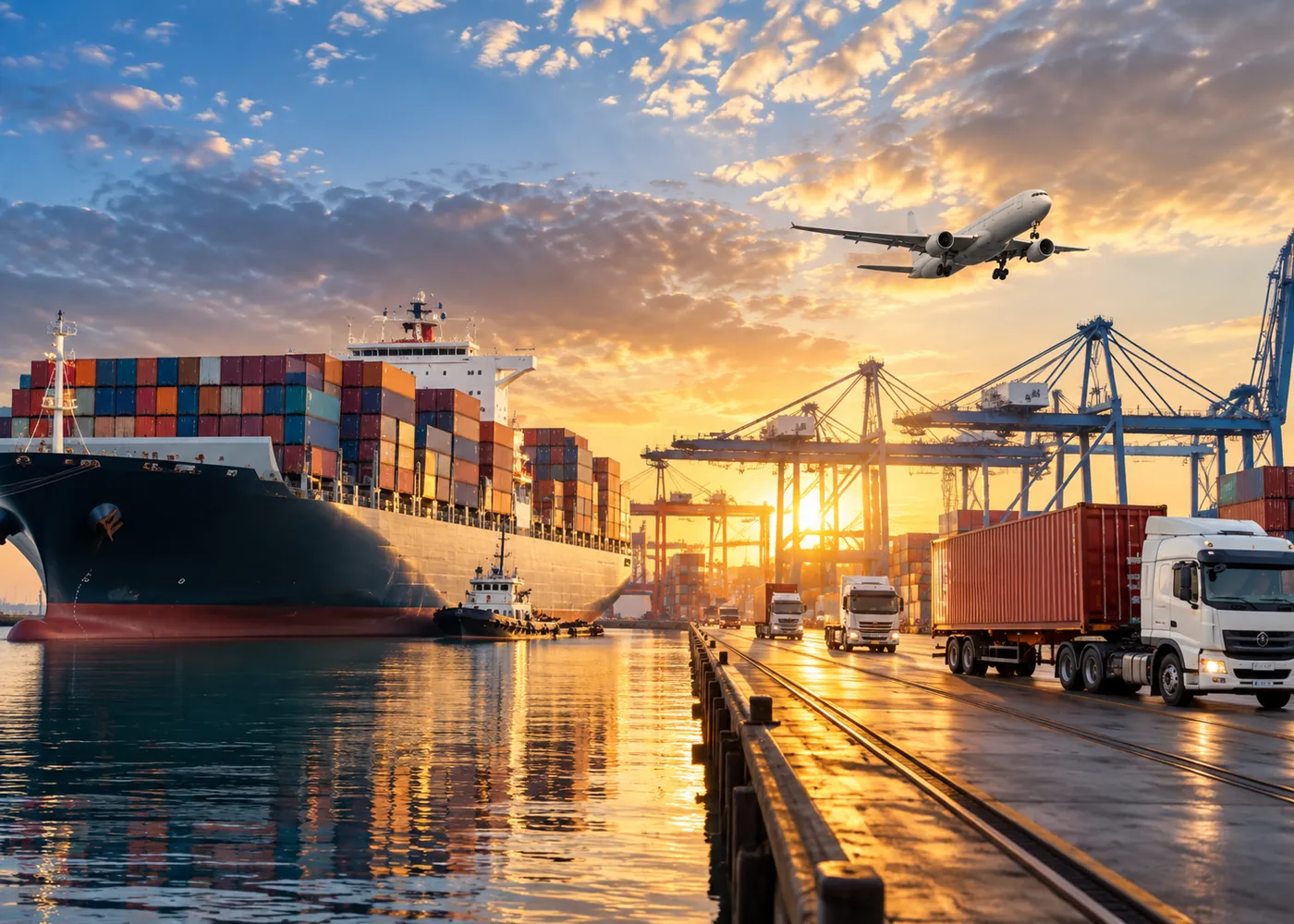 Container ship, port cranes and trucks at an export terminal at sunset
